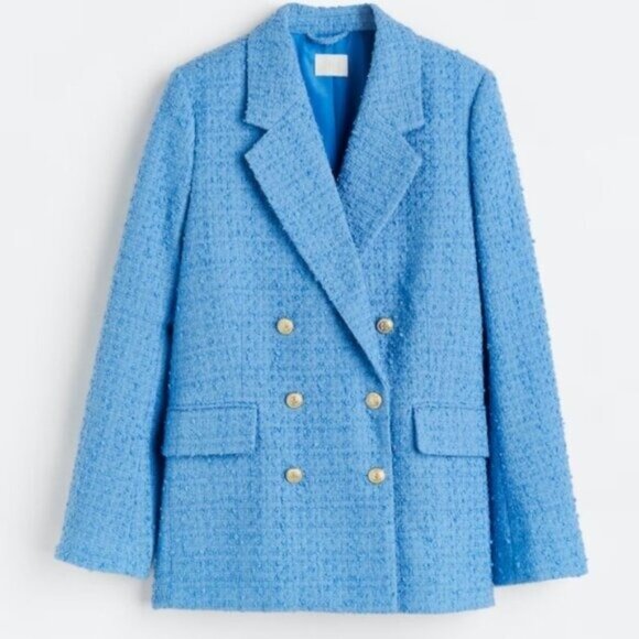 H&M Blue Tweed Double Breasted Bouclé Jacket Long Sleeve M - Picture 1 of 7